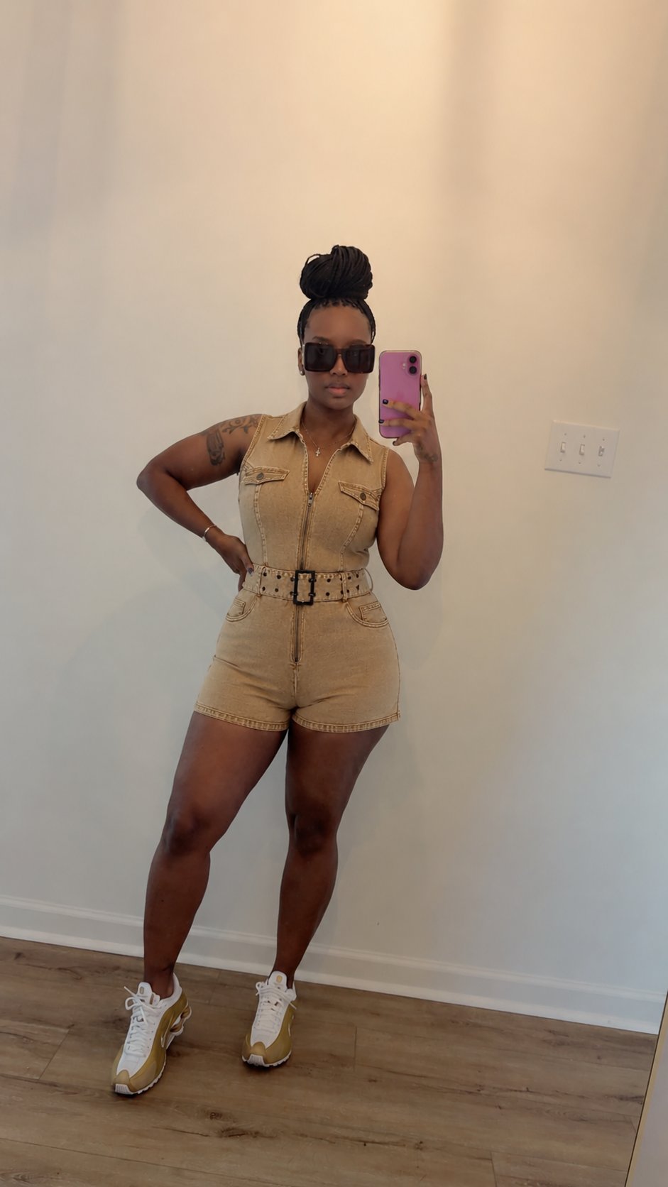 Front Zip Denim Shorts Romper